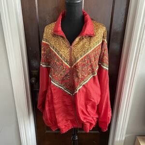 Vintage Lauren Brooke 80s Red Gold Leopard Windbreaker Jacket Womens 3X